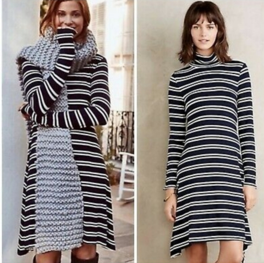 NWT Maeve by Anthropologie Navy Striped Turtleneck Dress XL Stretch Jersey Knit